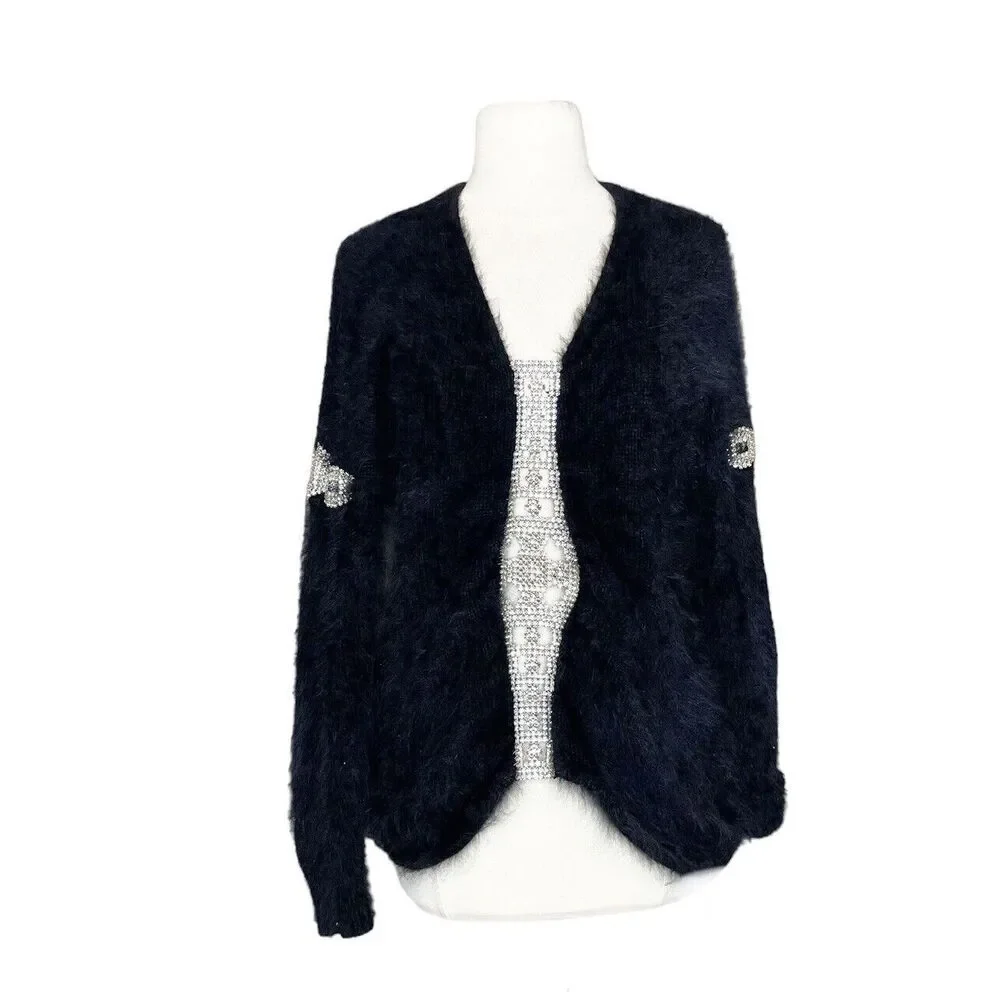 Vintage 90s M Medium Linda‎ Haddad Black Mohair Sweater Rhinestone Cut Out
